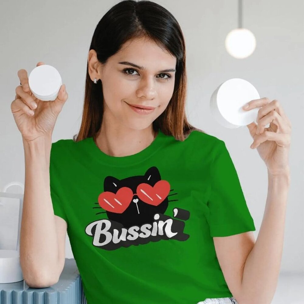 Trendy Light Blue T-shirt with a Cute Cat Wearing Heart Glasses and "Bussin'"